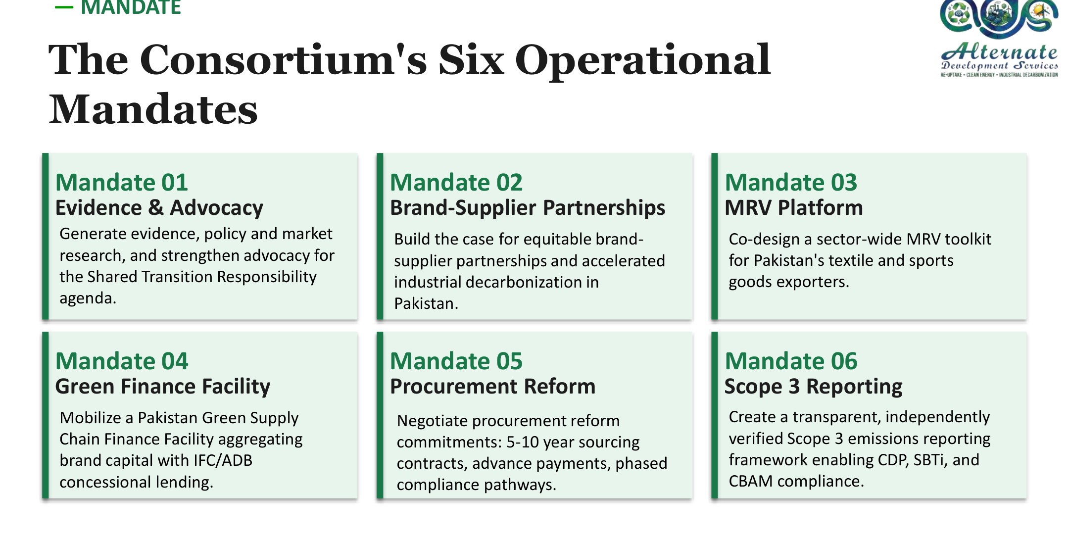 The Consortium's Six Operational Mandates (STRM Conceptual Framework, p.5): (01) Evidence & Advocacy, (02) Brand-Supplier Partnerships, (03) MRV Platform, (04) Green Finance Facility, (05) Procurement Reform, and (06) Scope 3 Reporting.