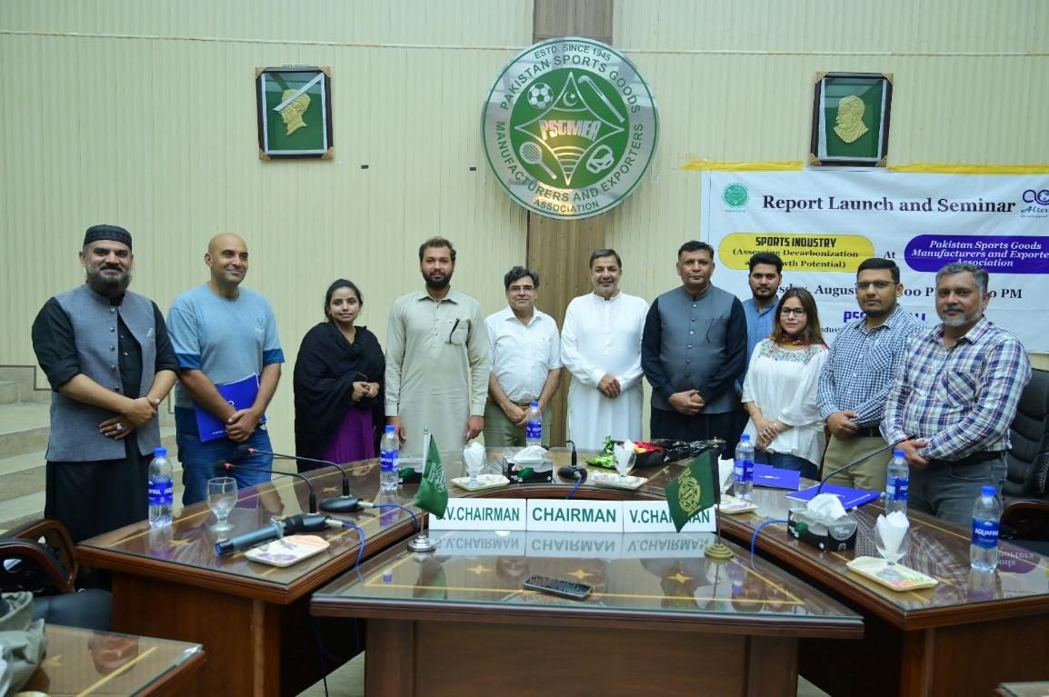 Participants and organizers at the Sports Industry Decarbonization report launch, Sialkot.