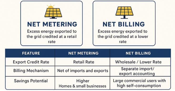 Table from the report: comparing net metering and net billing on export credit rate, billing mechanism, and savings potential.