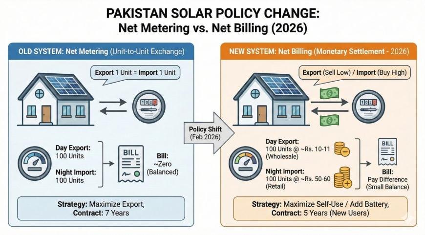 Infographic from the report: Pakistan's 2026 solar policy shift from net metering to net billing, comparing the old unit-for-unit exchange system to the new monetary-settlement system.