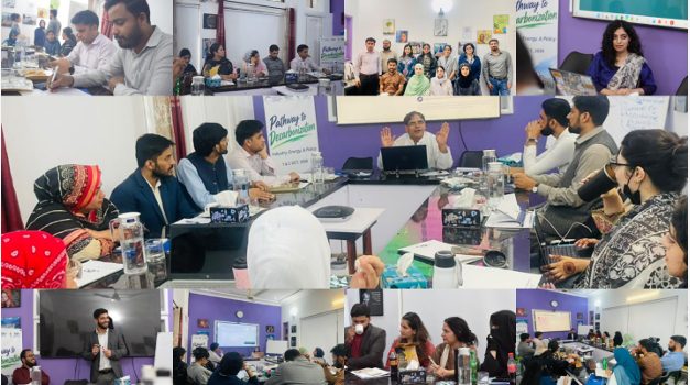 Photo collage from the training: participants from industry and policy organizations attending the expert-led sessions and taking part in table discussions during the two-day “Pathways to Decarbonization: Industry, Energy, and Policy” training series at ADS, Islamabad.