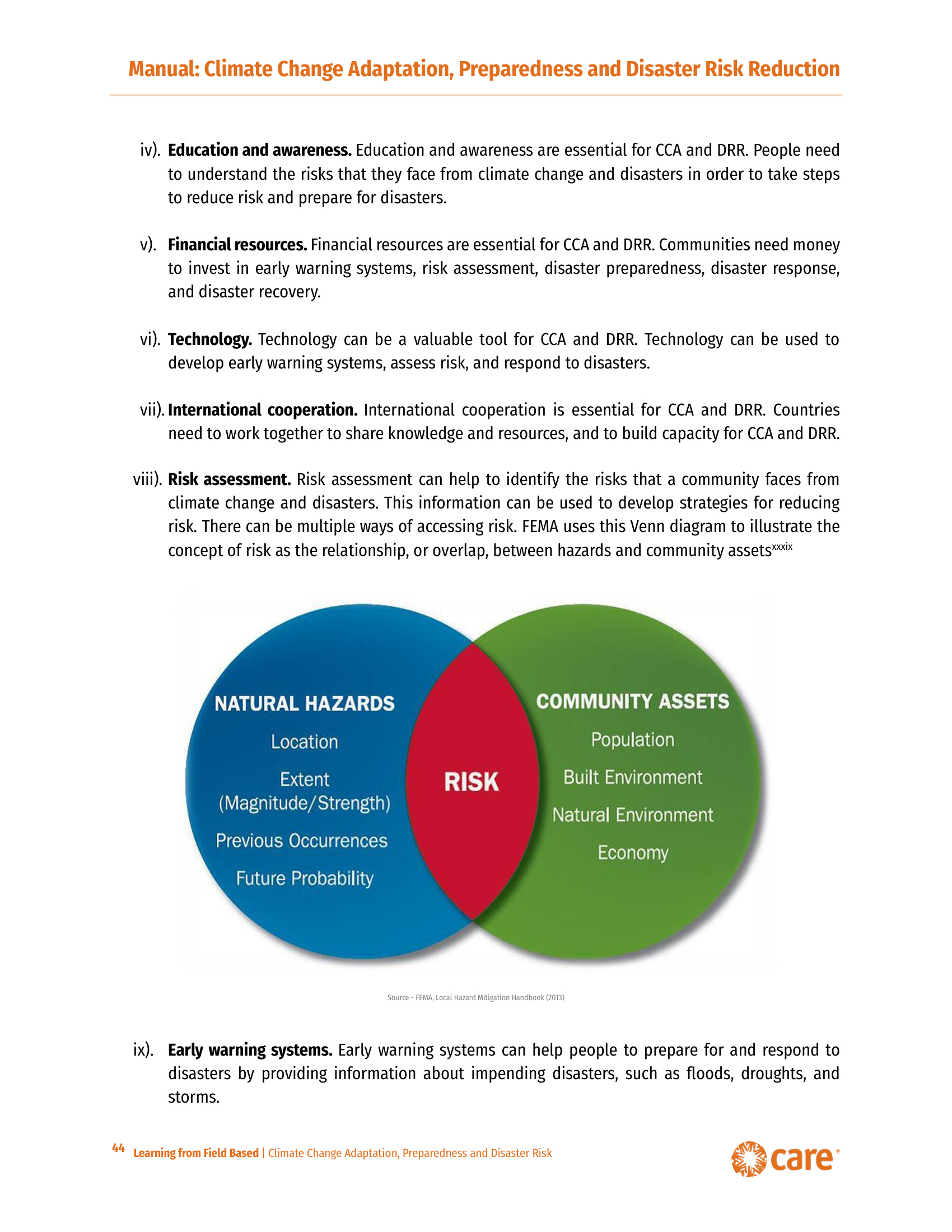 A Venn diagram (sourced from FEMA's Local Hazard Mitigation Handbook, 2013) used in the manual's risk-assessment module to illustrate risk as the overlap between "Natural Hazards" (location, extent/magnitude, previous occurrences, future probability) and "Community Assets" (population, built environment, natural environment, economy).